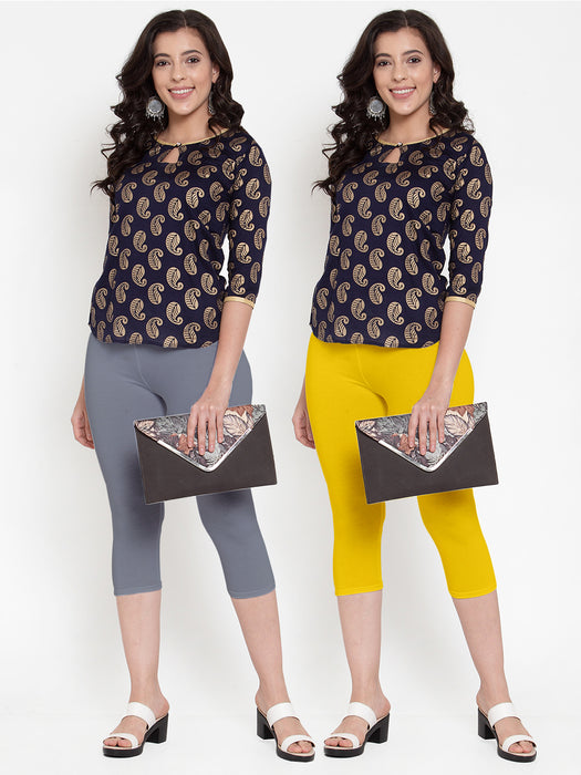 Women Grey Yellow Super Combod Cotton Lycra Capri