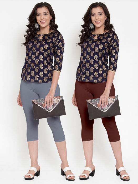 Women Grey Brown Super Combod Cotton Lycra Capri