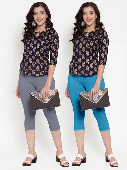 Women Grey Sky Blue Super Combod Cotton Lycra Capri
