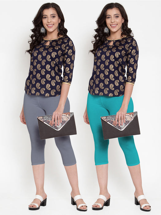 Women Grey Aqua Super Combod Cotton Lycra Capri