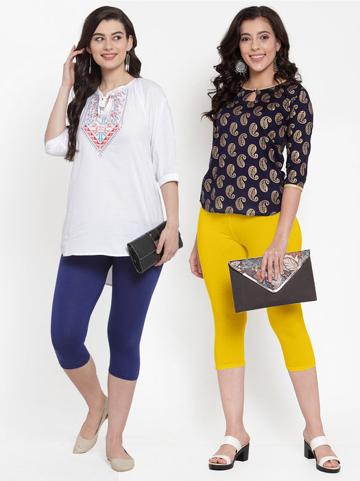 Women Royal Blue Yellow Super Combod Cotton Lycra Capri
