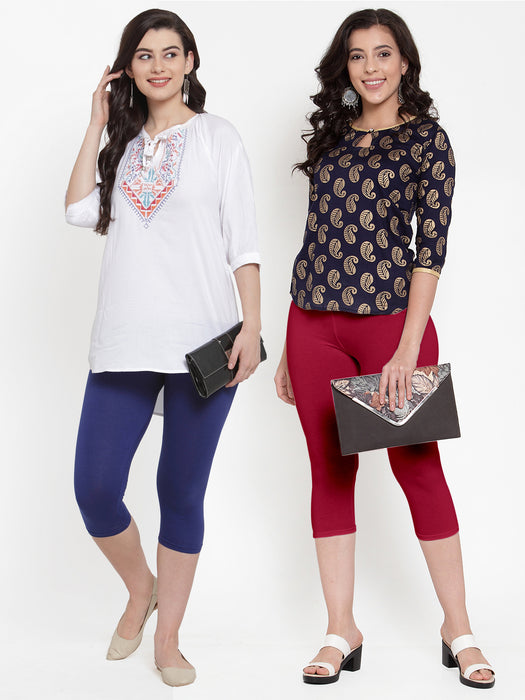 Women Royal Blue Maroon Super Combod Cotton Lycra Capri