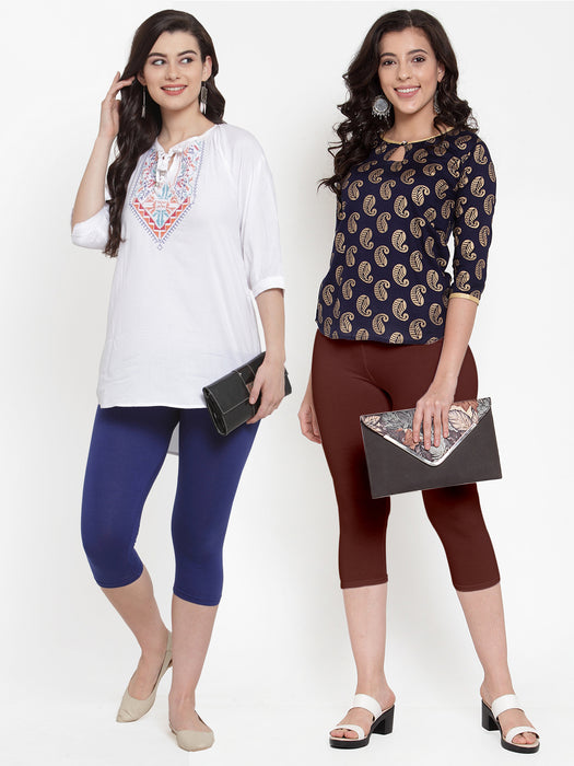 Women Royal Blue Brown Super Combod Cotton Lycra Capri