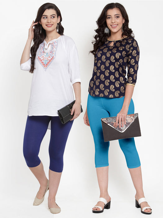 Women Royal Blue Sky Blue Super Combod Cotton Lycra Capri