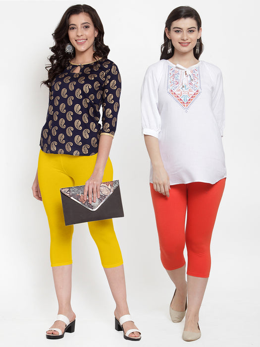 Women Yellow Orange Super Combod Cotton Lycra Capri