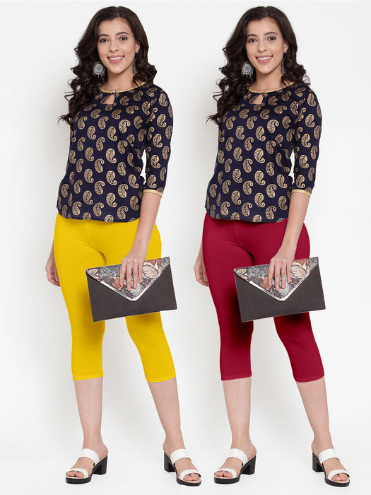 Women Yellow Maroon Super Combod Cotton Lycra Capri