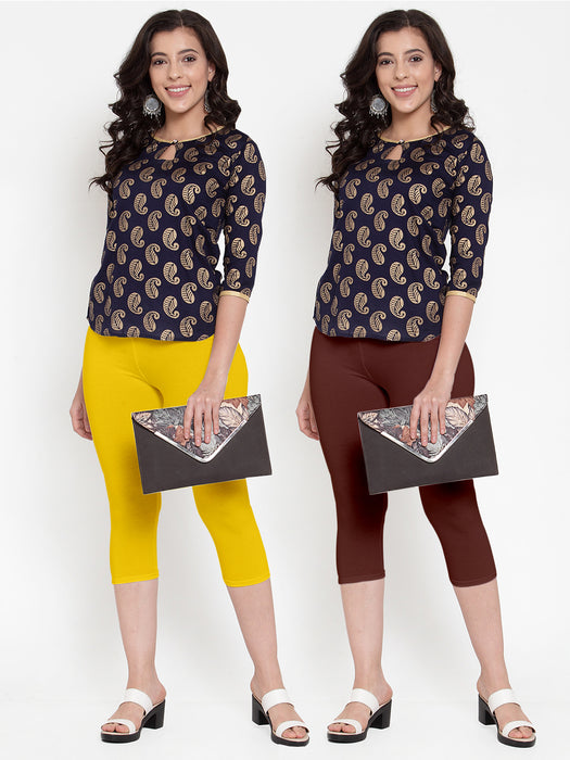 Women Yellow Brown Super Combod Cotton Lycra Capri