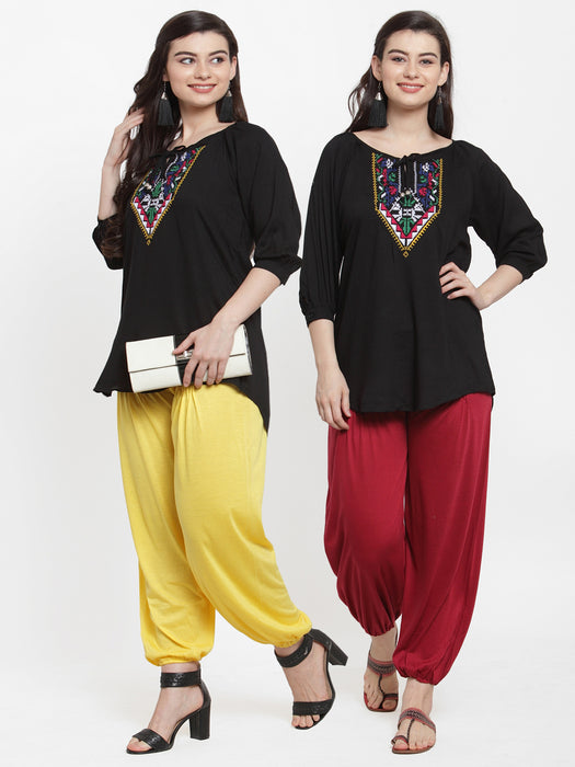 Women Yellow Maroon Viscose lycra Harem Paint