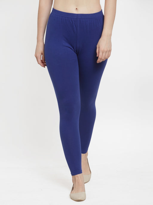 Close-up of blue cotton lycra leggings featuring a soft elastic waistband and ankle-length design, ideal for casual and everyday wear.