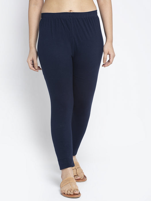 Women Navy Blue Off White Super Combed Cotton Lycra Legging