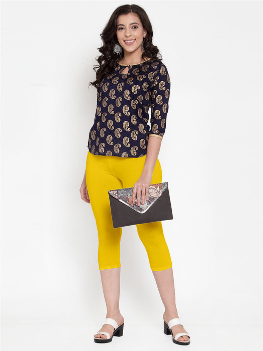 Women Yellow Super Combed Cotton Lycra Capri