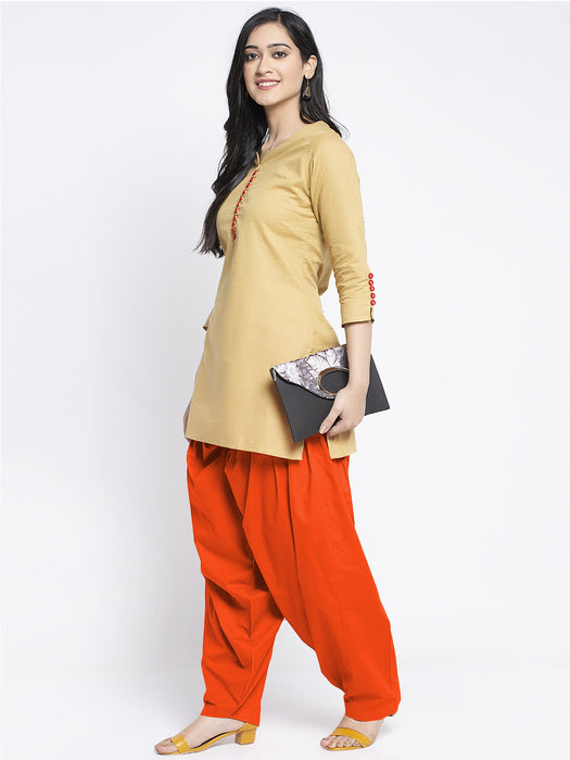 Women Orange Solid Cotton Salwar