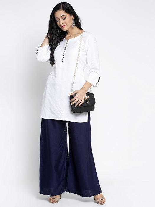 Women Navy Blue Rayon Solid Palazzo