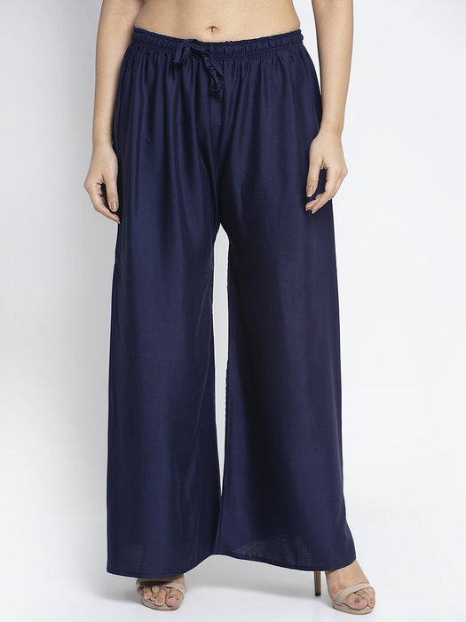 Women Navy Blue Rayon Solid Palazzo