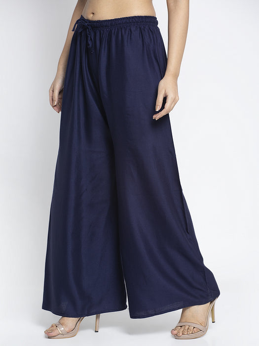 Women Navy Blue Rayon Solid Palazzo