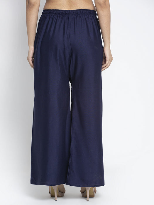 Women Navy Blue Rayon Solid Palazzo