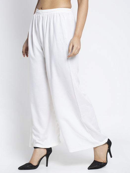 Women Off White Rayon Solid Palazzo