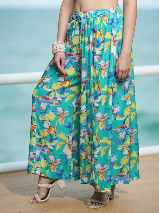 Women multi color Rayon Leaves Printed Palazzo