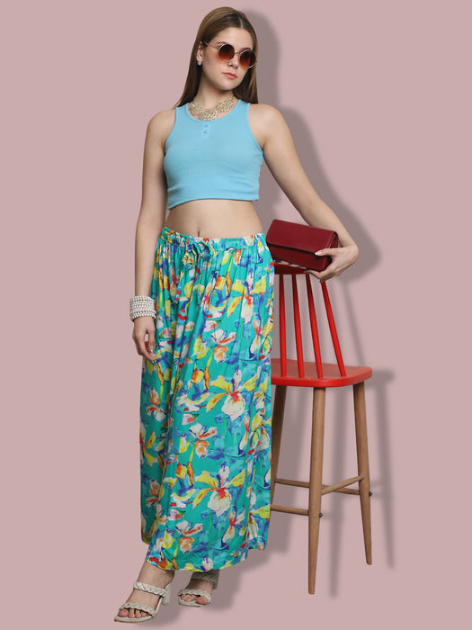 Women multi color Rayon Leaves Printed Palazzo