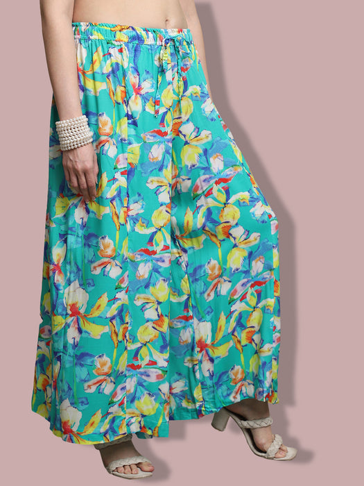 Women multi color Rayon Leaves Printed Palazzo