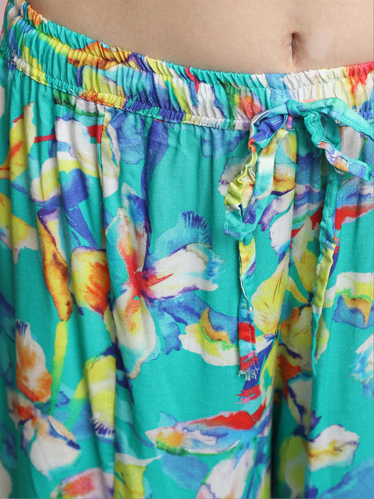 Women multi color Rayon Leaves Printed Palazzo