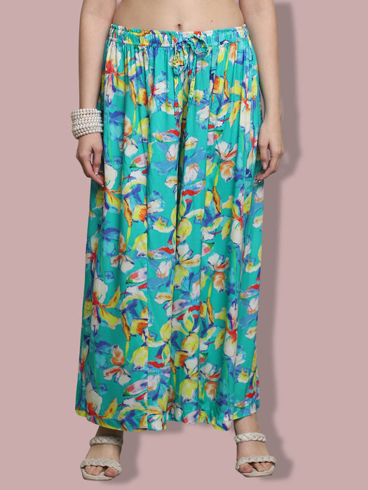 Women multi color Rayon Leaves Printed Palazzo