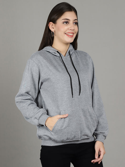 Women Grey Solid Long Sleeve Hoodie with kangaroo Pocket Sweatshirts
