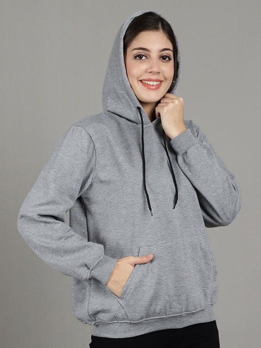 Women Grey Solid Long Sleeve Hoodie with kangaroo Pocket Sweatshirts