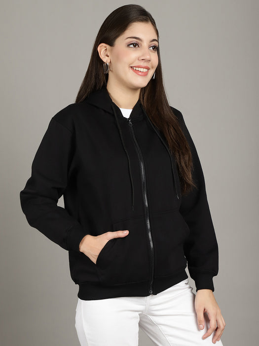 Women Black Full Sleeve Hoodie with front zip and Inserted pocket