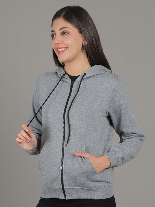 Women Grey Full Sleeve Hoodie with front zip and Inserted pocket