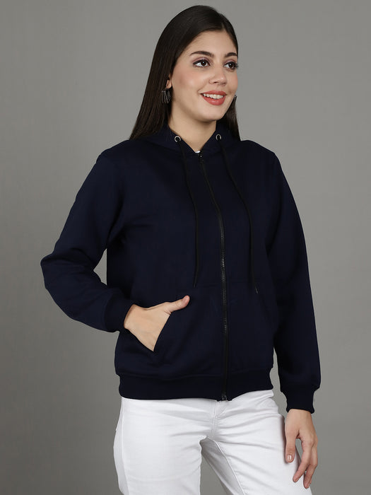 Women Navyblue Full Sleeve Hoodie with front zip and Inserted pocket