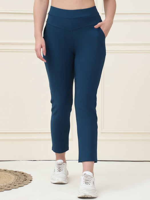 Women Blue Skinny fit Lycra polyster spandex Jegging with Side pocket