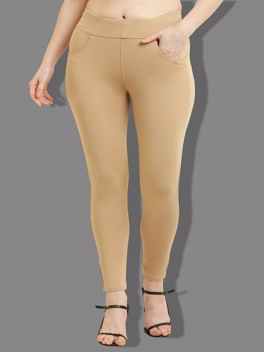 Women Beige tencel jegging with front pocket
