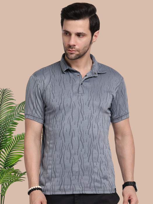 Men Grey Polyester Jacquard Classic polo collar with structured stitching T-shirt