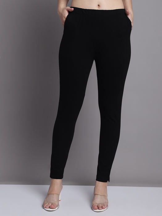 Women Black Cotton lycra legging with side pocket