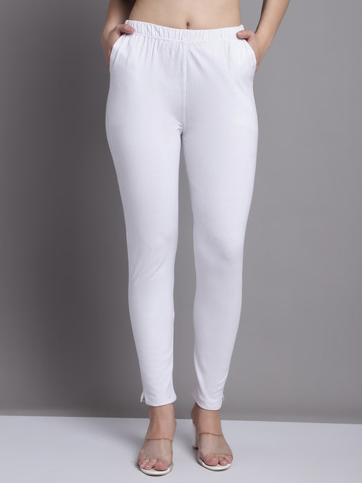 Women White Cotton lycra legging with side pocket