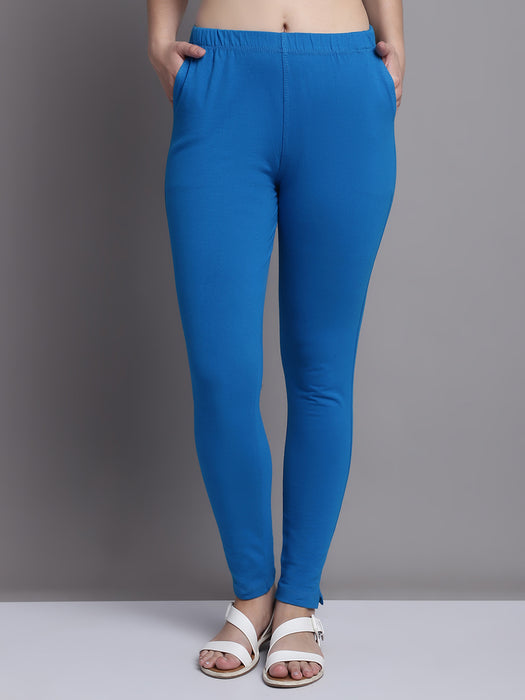 Women Royal Blue Cotton lycra legging with side pocket