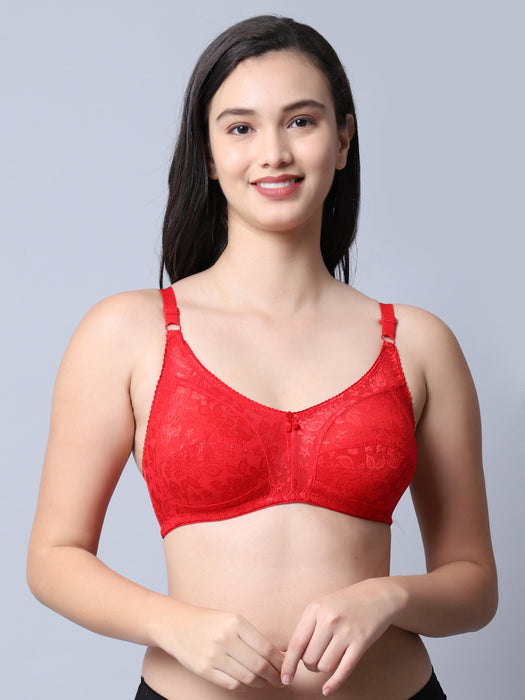 Women Red Self Design Nylon With Net Bra
