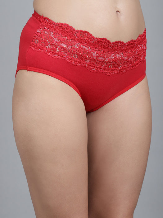 Women Red Regular Cotton Lycra Solid Lace Panty