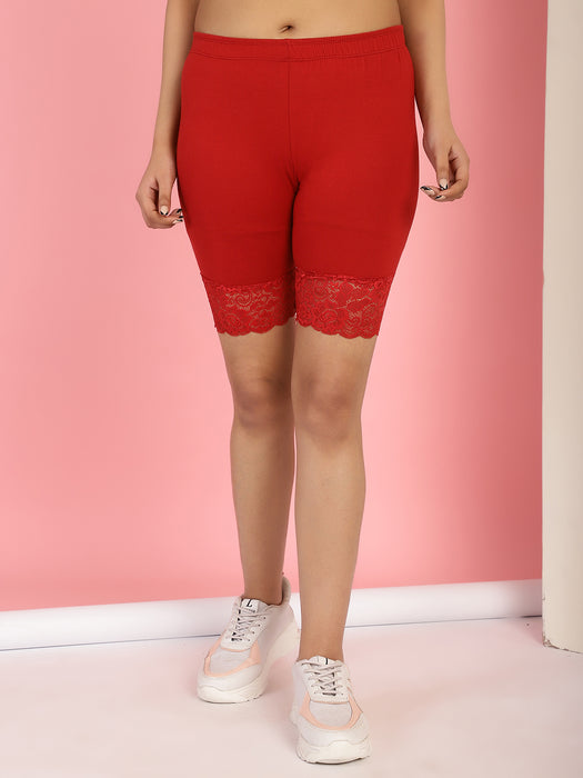 Women Maroon Cotton Lycra Cycling short with Hem design