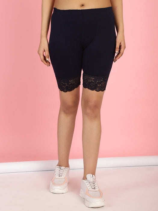 Women Navy Blue Cotton Lycra Cycling short with Hem design