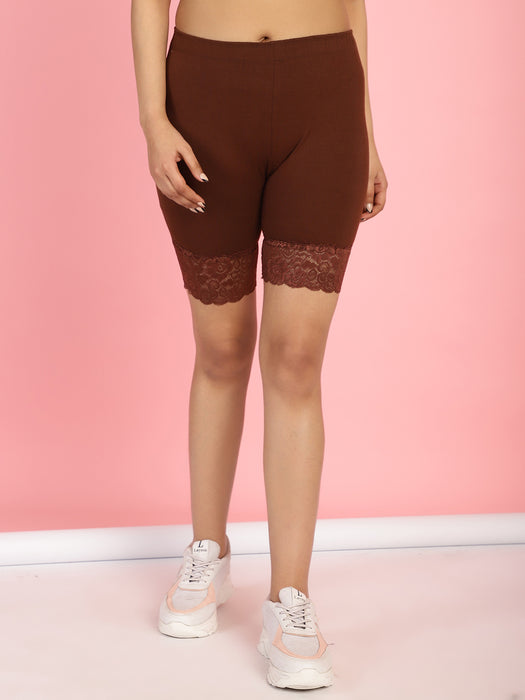Women Brown Cotton Lycra Cycling short with Hem design