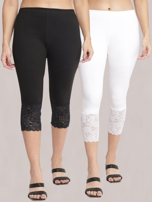 Women Black White 100% cotton Lycra Net Capri