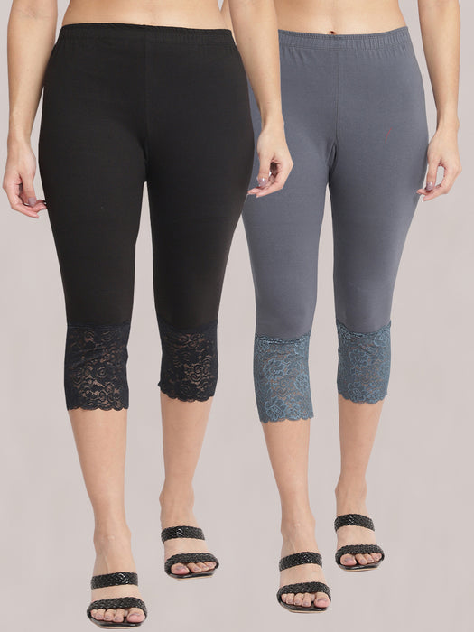 Women Black Grey 100% cotton Lycra Net Capri
