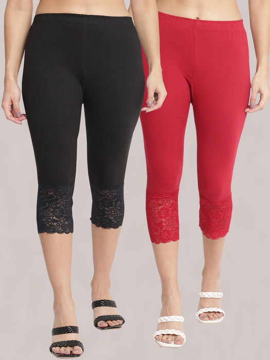 Women Black Maroon 100% cotton Lycra Net Capri