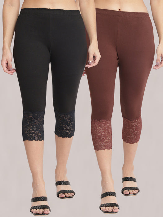 Women Black Brown 100% cotton Lycra Net Capri