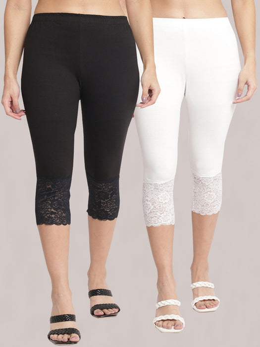 Women Black Off white 100% cotton Lycra Net Capri