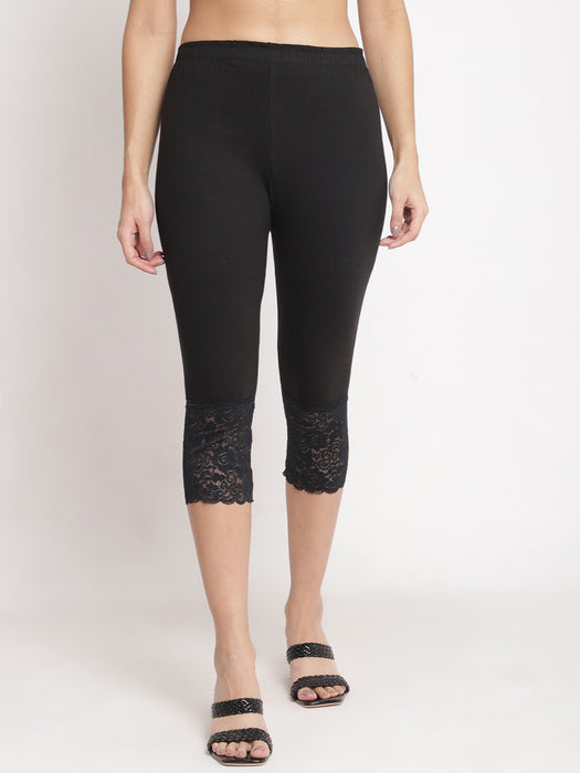 Women Black 100% cotton Lycra Net Capri