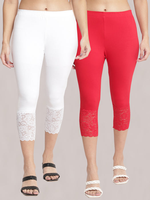 Women White Red 100% cotton Lycra Net Capri