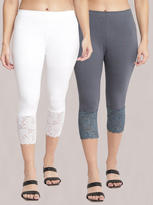 Women White Grey 100% cotton Lycra Net Capri